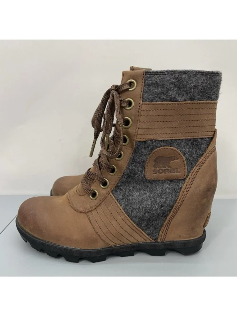 Sorel Lexie Ankle Wedge Boots Waterproof Distressed Felt Leather Brown Women 8.5